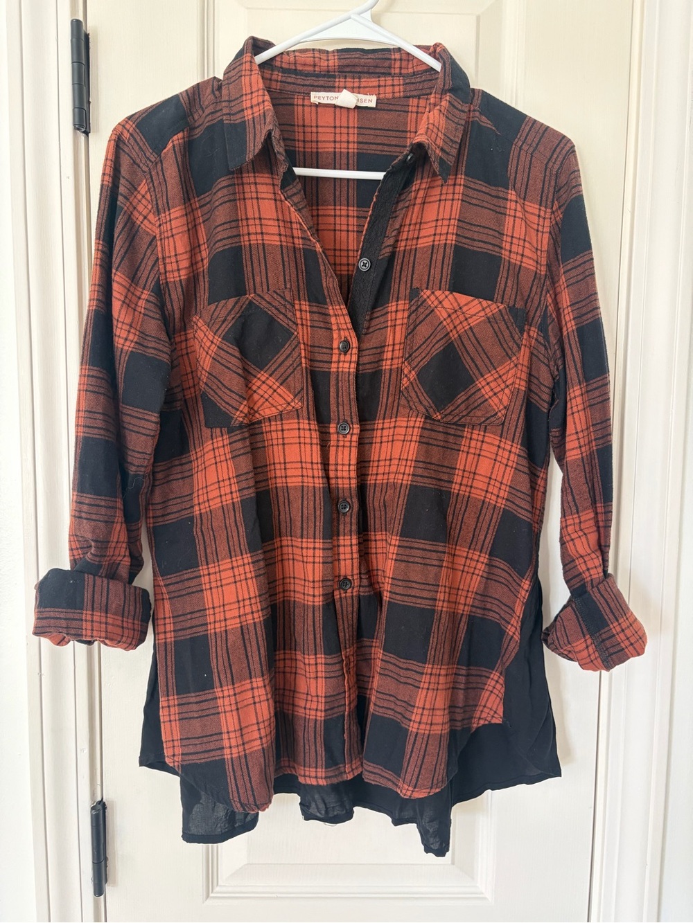 Small • Peyton Jensen Button-Front Plaid Shirt - Black and Orange - Women